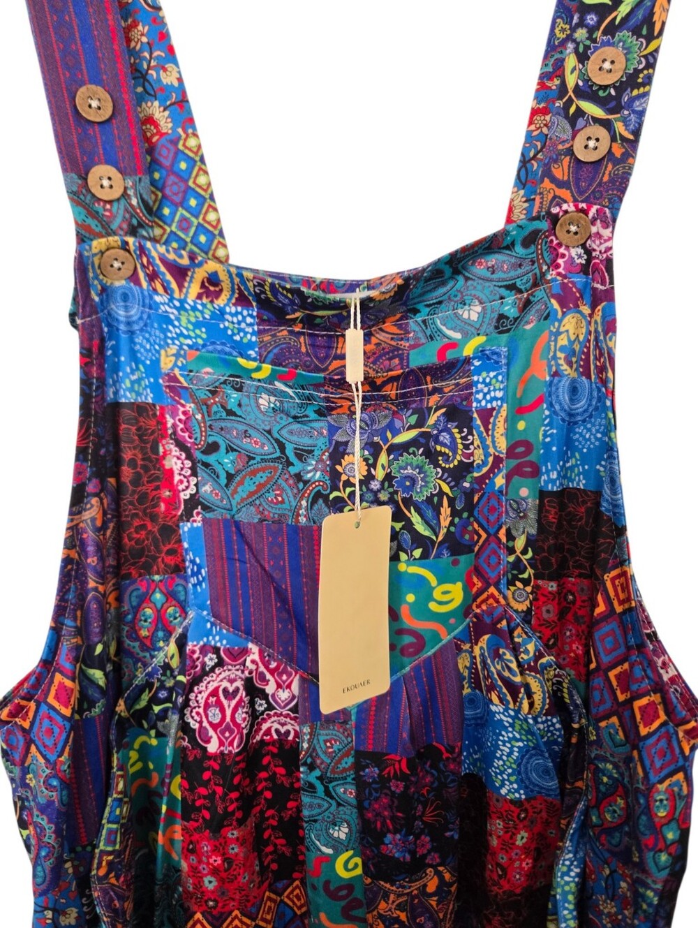 EKOUAER Patchwork Boho Overall Dress Multicolor Pinafore NWT Size M - Picture 5 of 9